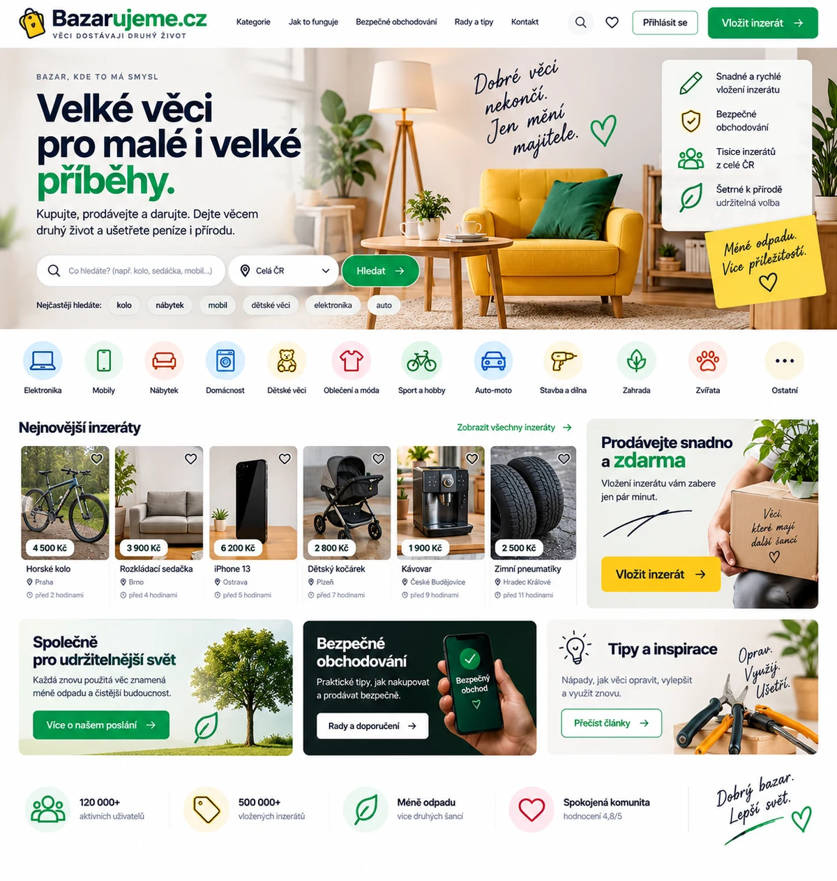 Ilustrační návrh českého online bazaru Bazarujeme.cz s vyhledáváním, kategoriemi, nabídkami zboží a tématem druhého života věcí